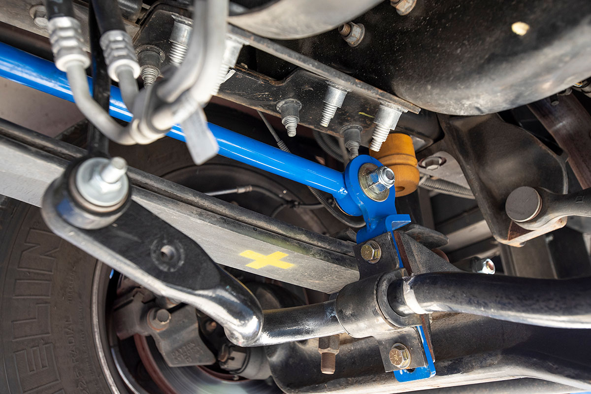SuperSteer Radius Rod kit installed on a late-model F-53 motorhome chassis.