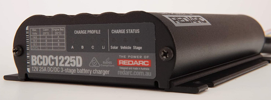 REDARC Electronics' 3-stage charger in a black plastic body with text and guides printed on the shown side