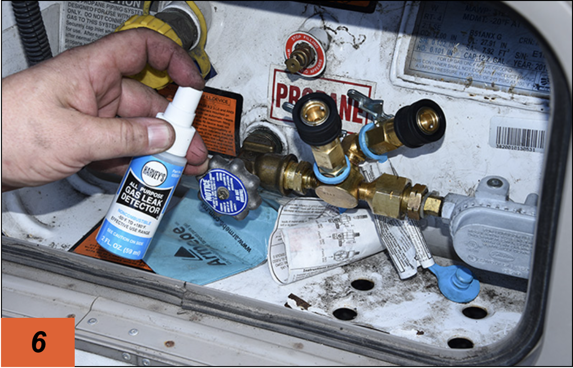  open the supply valve and spray the fittings with a gas leak detector solution