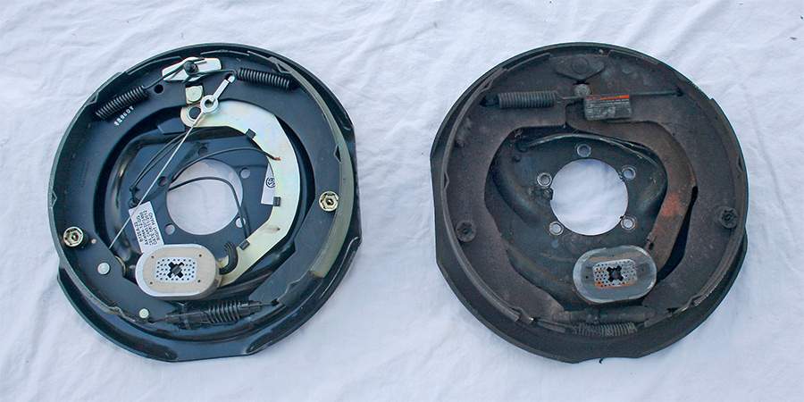 The Lippert brake assembly (left) differs from the standard electric trailer brake (right)