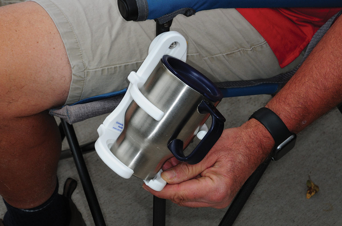 showing the swivel feature with a cup in the holder