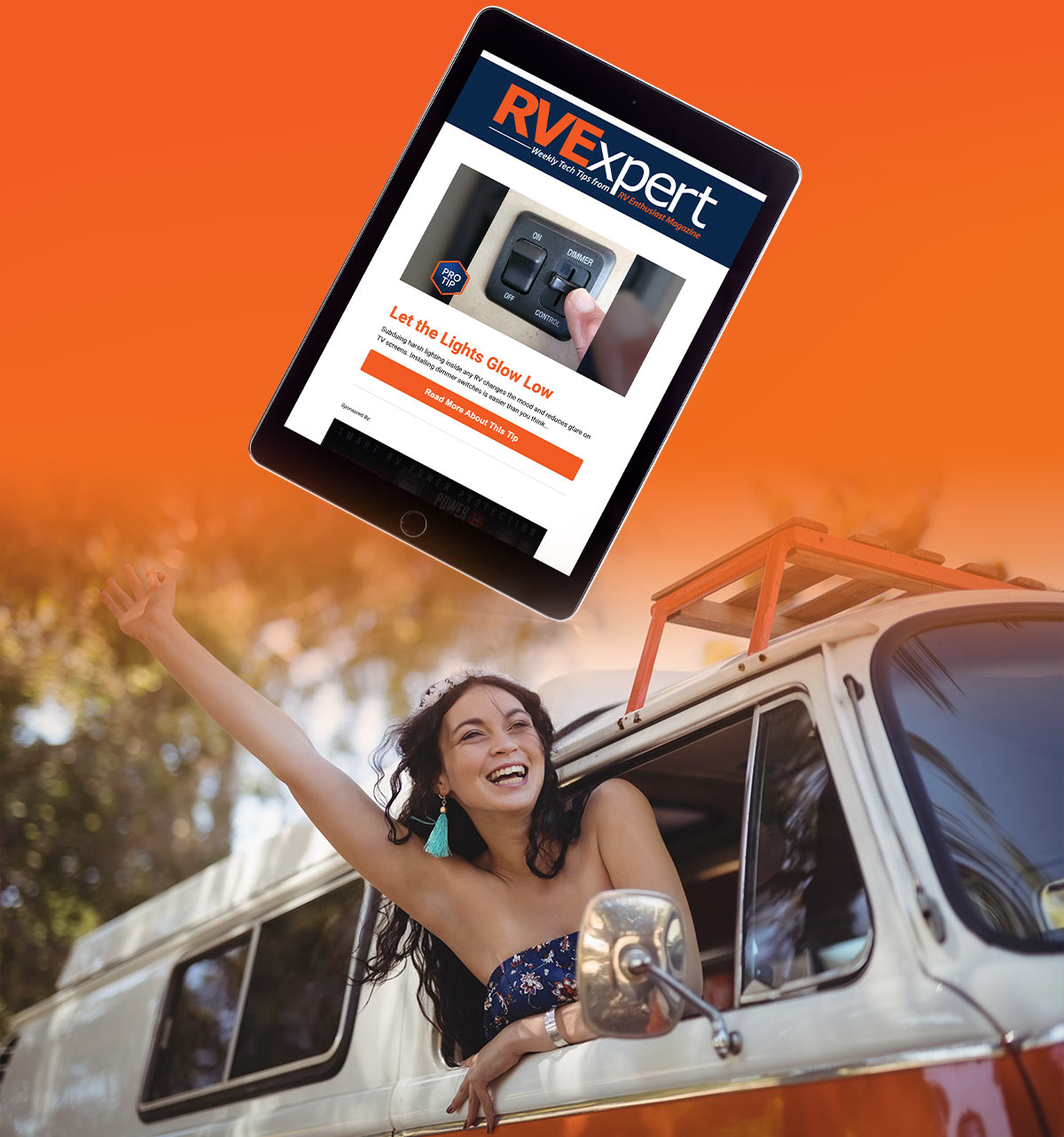 RVExpert newsletter on a tablet overlaid on an image of a happy traveling woman