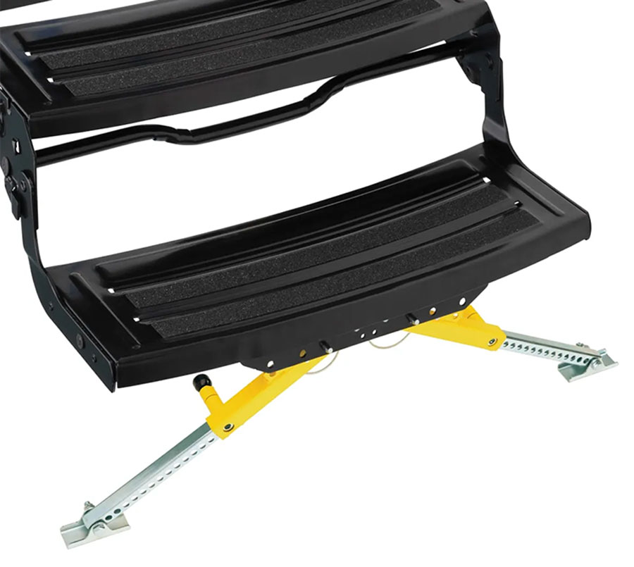 Lippert’s Solid Stance Step Stabilizer Kit offers good support for the entire length of the bottom rung, promoting greater safety for users. The heavy-gauge steel support system is installed permanently and has independent adjustment legs that can be set at four angles