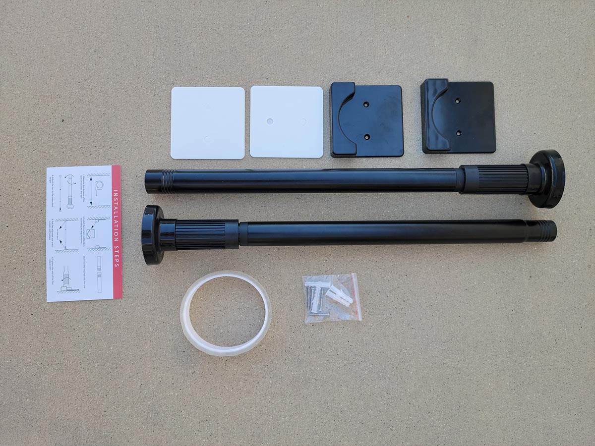 top view of the shower curtain rod kit parts organized