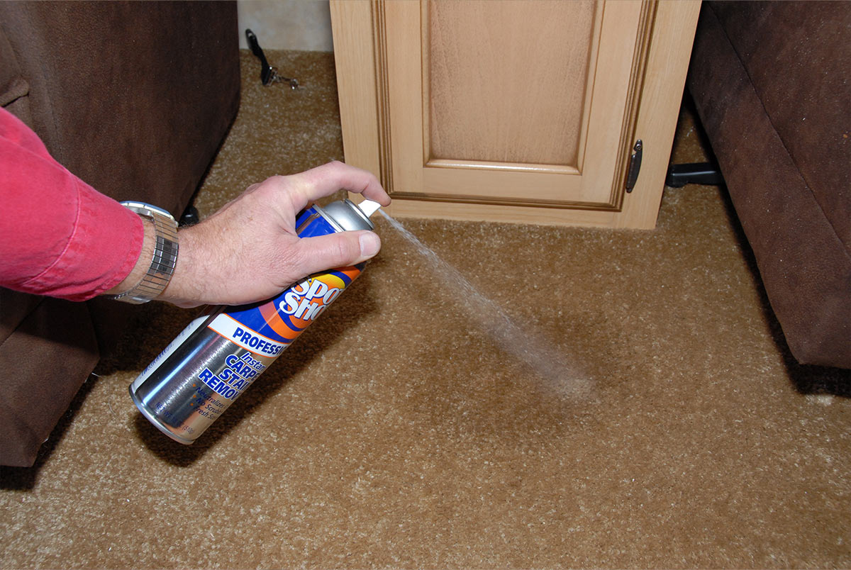 a hand sprays Spot Shot cleaner onto the spill area