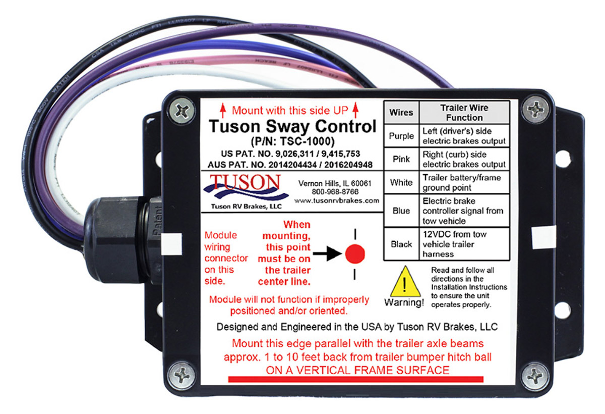 close view of the label on the back of the Tuson Sway Control (TSC 1000) by Tuson RV Brakes