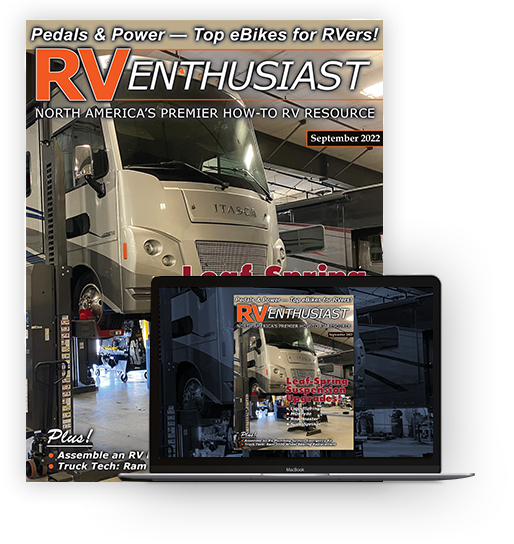 September 2022 RV Enthusiast Magazine cover and laptop