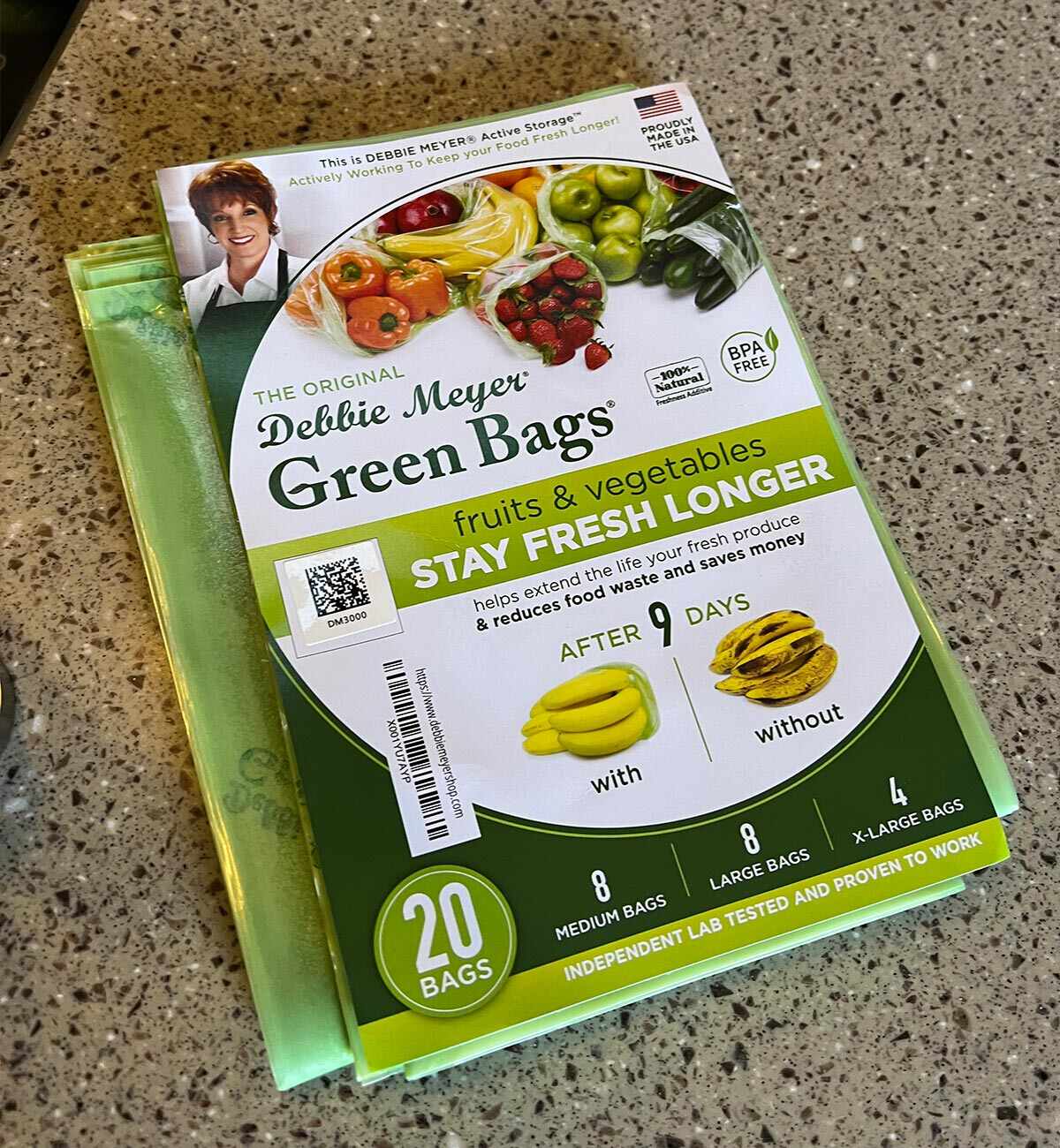 a packet of Debbie Meyer Green Bags sit on a counter top