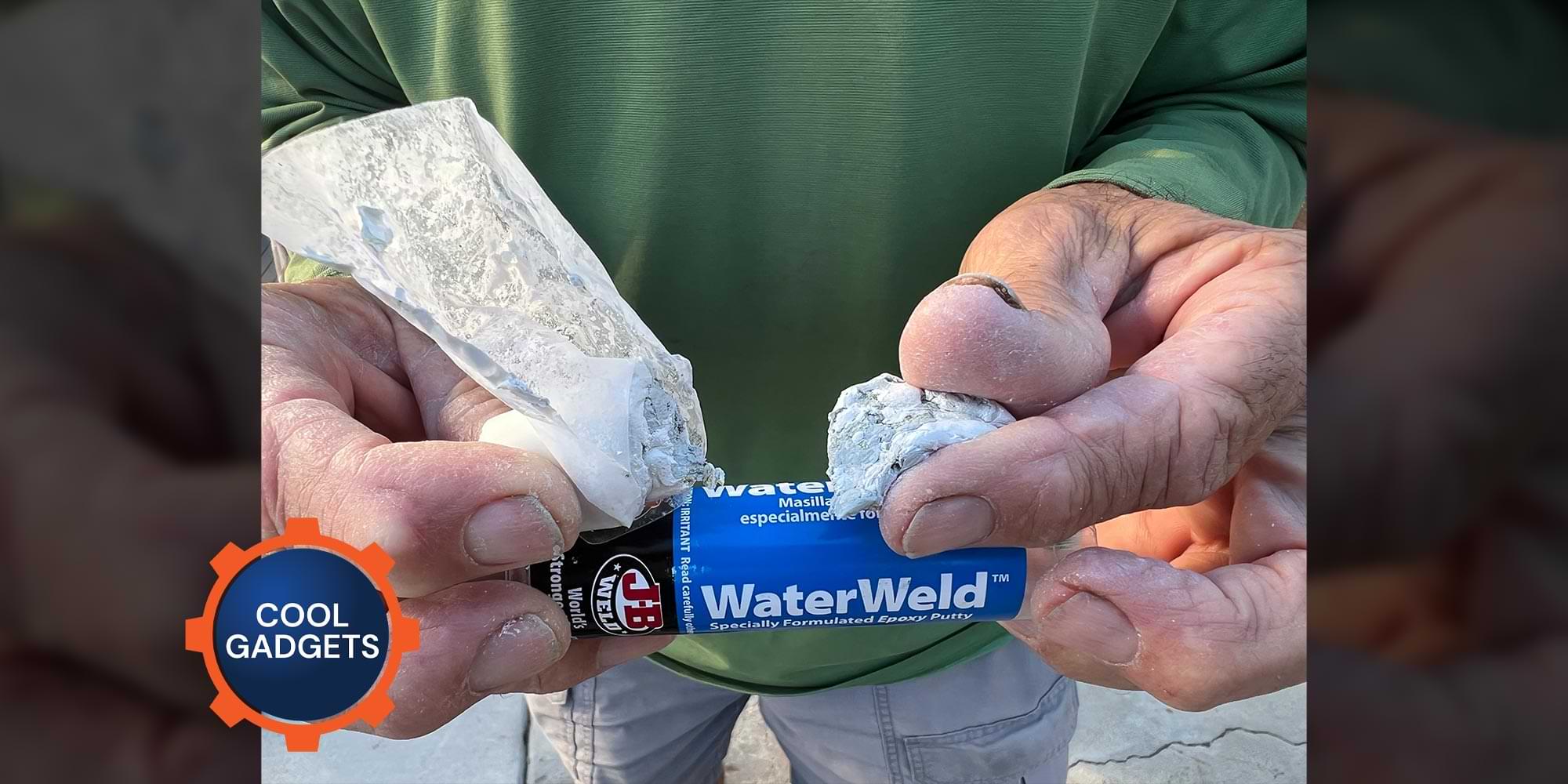 hands hold a container and opened package of WaterWeld Epoxy Putty