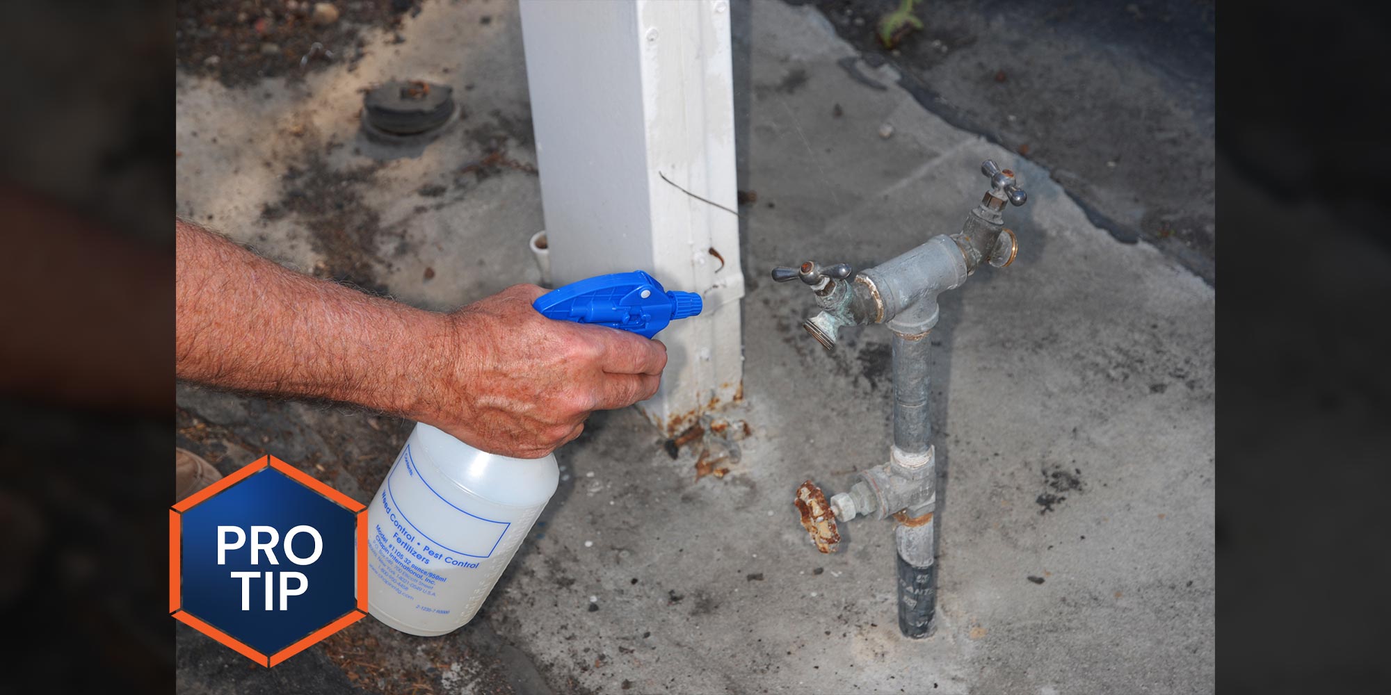 a spray container of cleaner is used to sanitize a hookup spigot