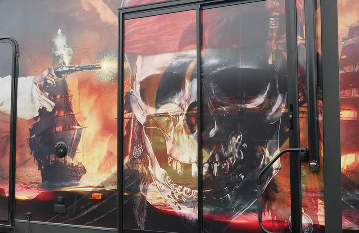 close up of the skull motif on the Pirates of the Caribbean themed RV wrap 