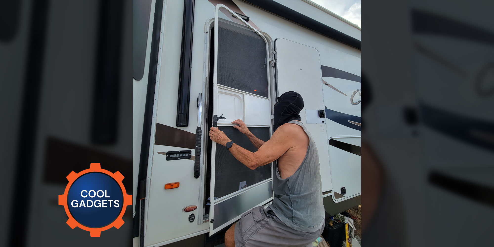 a man wearing a ski mask opens the screen door on an RV