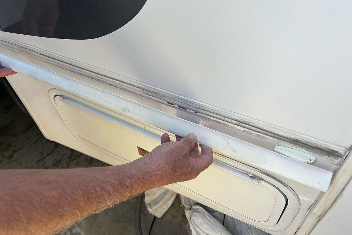 molding on the sidewall transition seam of an RV is removed with ease by hand