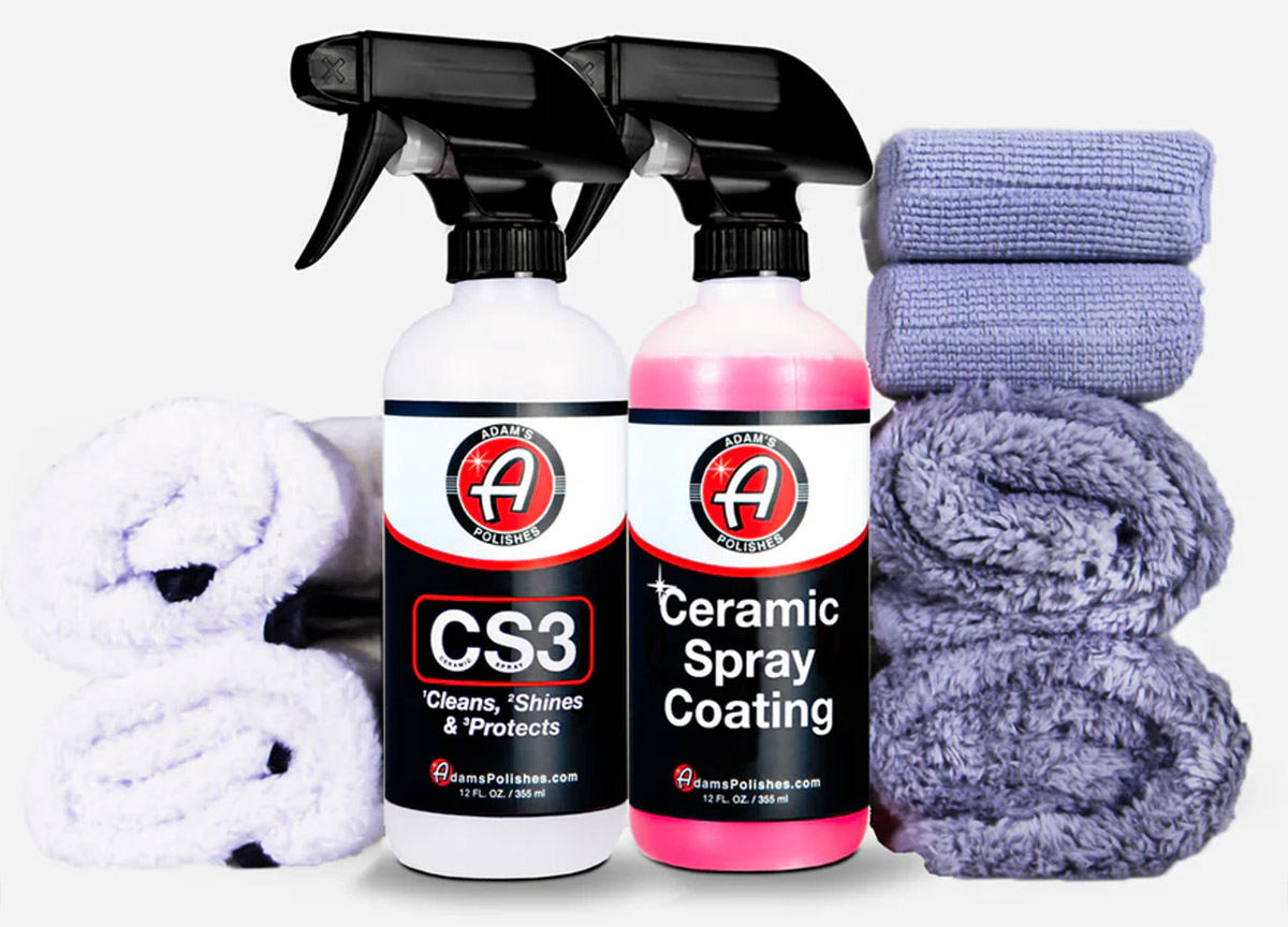 two ceramic polishing products from Adams Polishes alongside cloth wipes