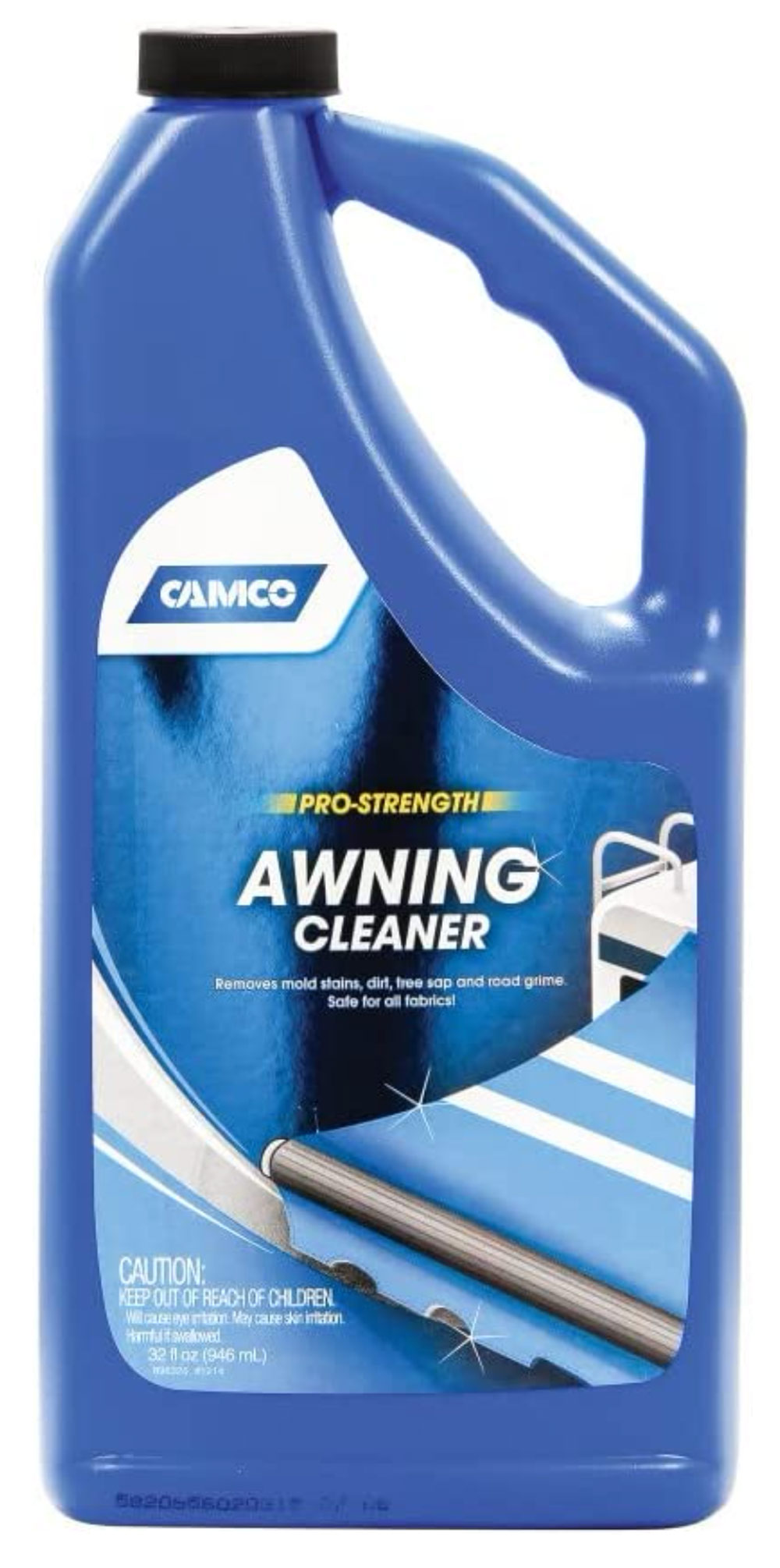 close view of a blue container of Camco’s Pro-Strength Awning cleaner