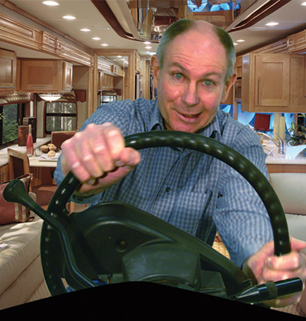 man gripping RV steering wheel in exaggerated manner