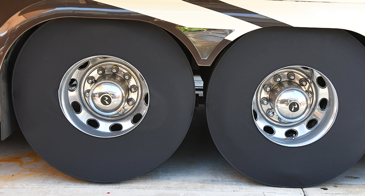two RV tires covered with EZ Fold RV Tire Shades