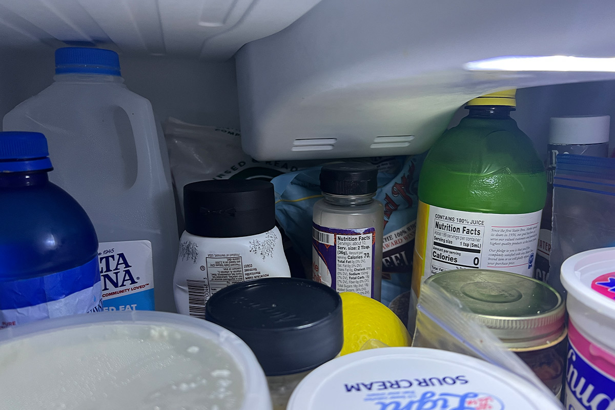 internal view of a full packed RV refrigerator's top shelf