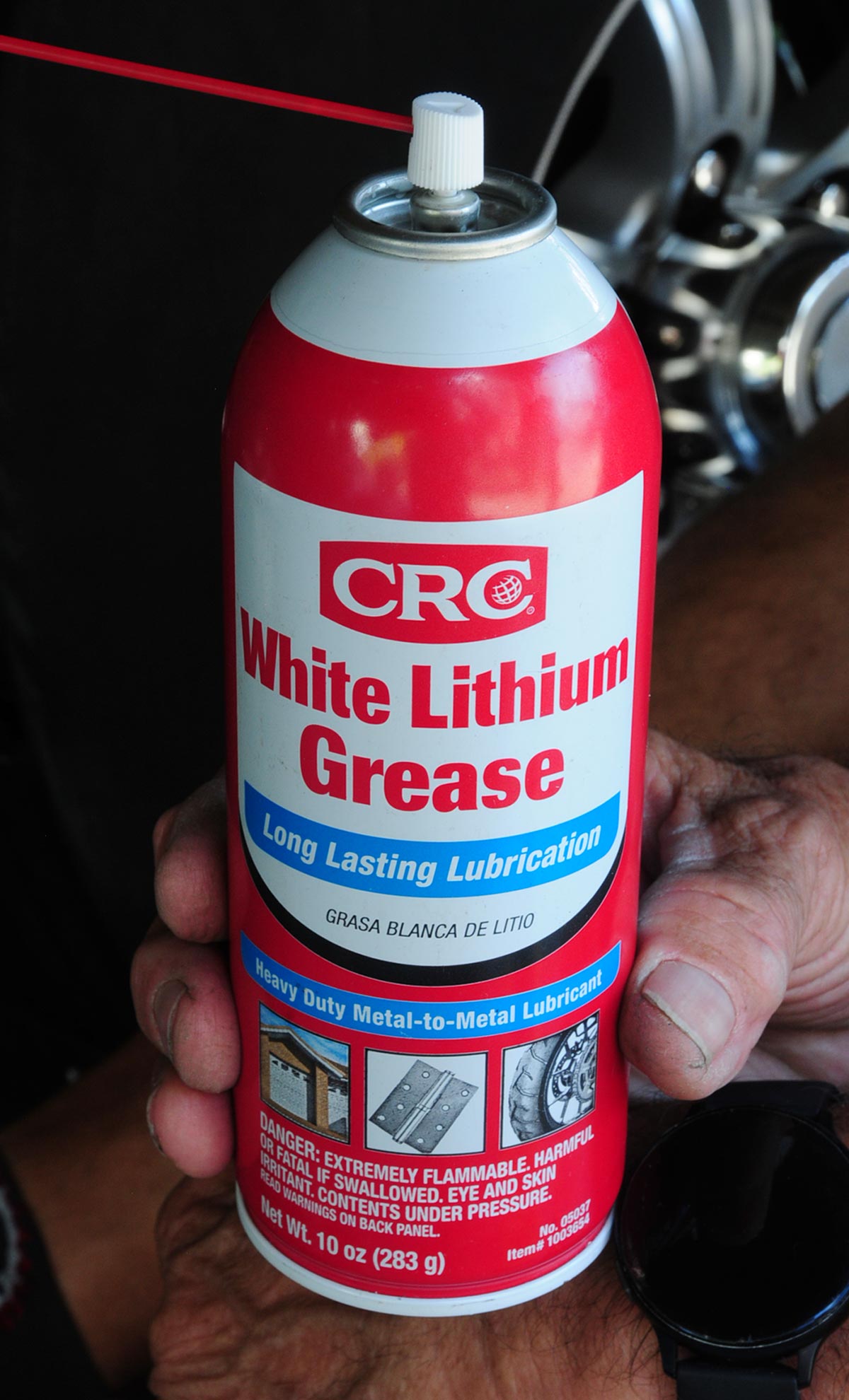 close view of a spray container of CRC White Lithium Grease