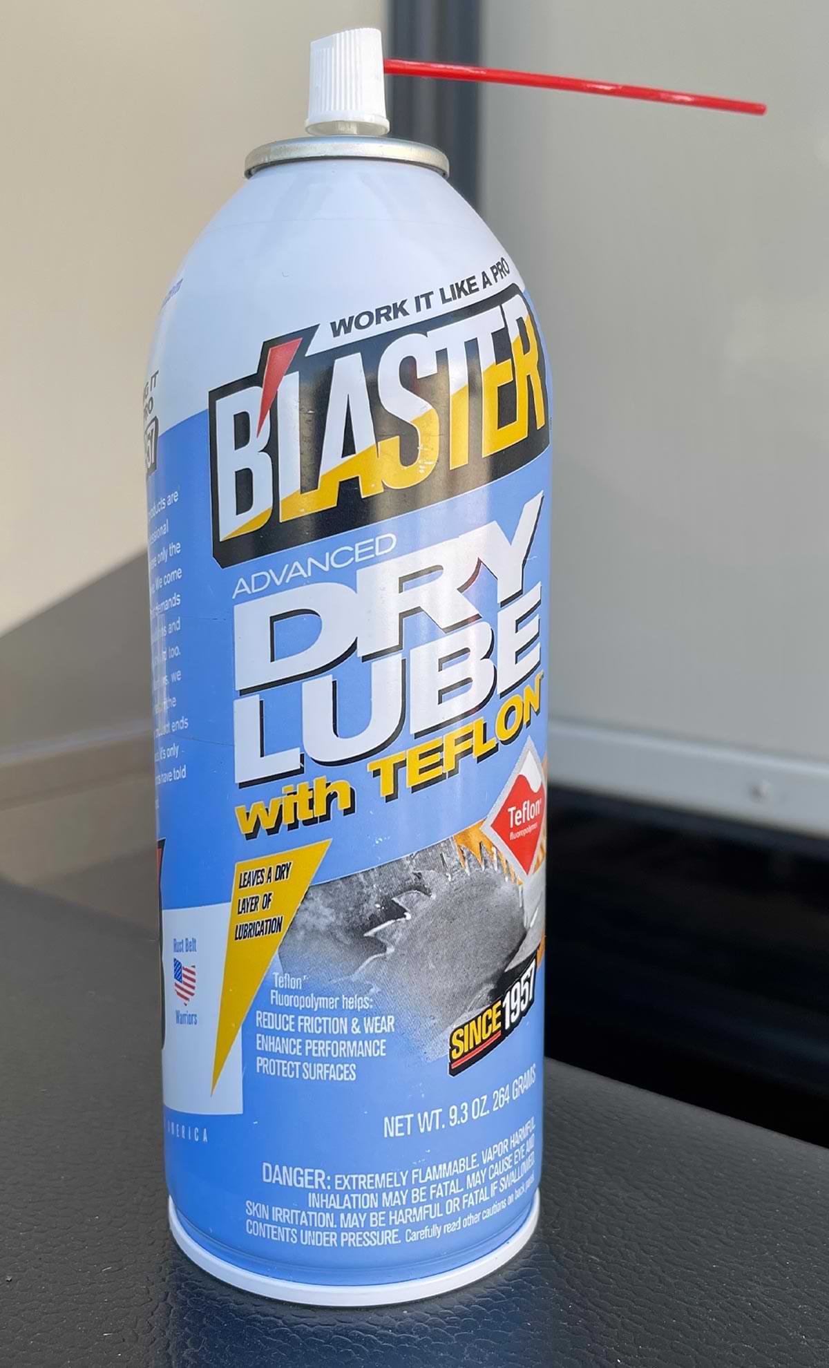 lose view of a spray container of Blaster Advanced Dry Lube with Teflon