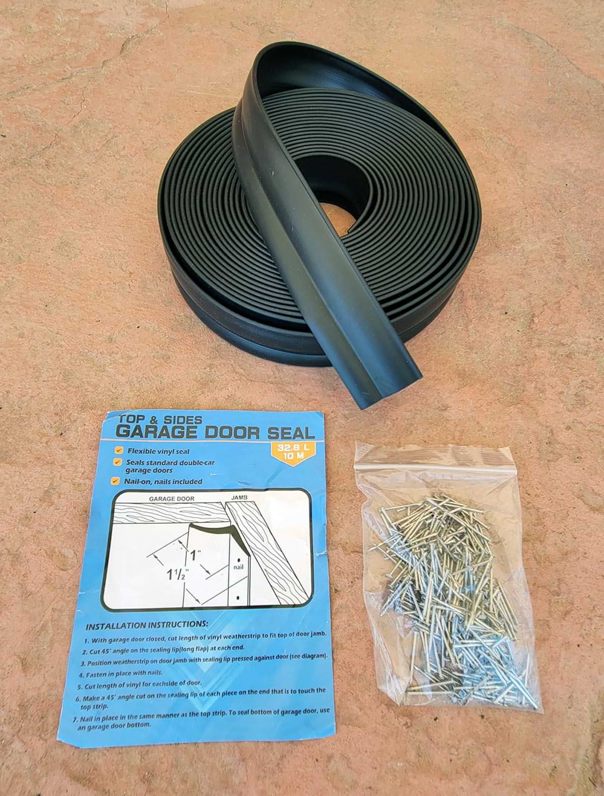 a garage door seal kit and directions on display