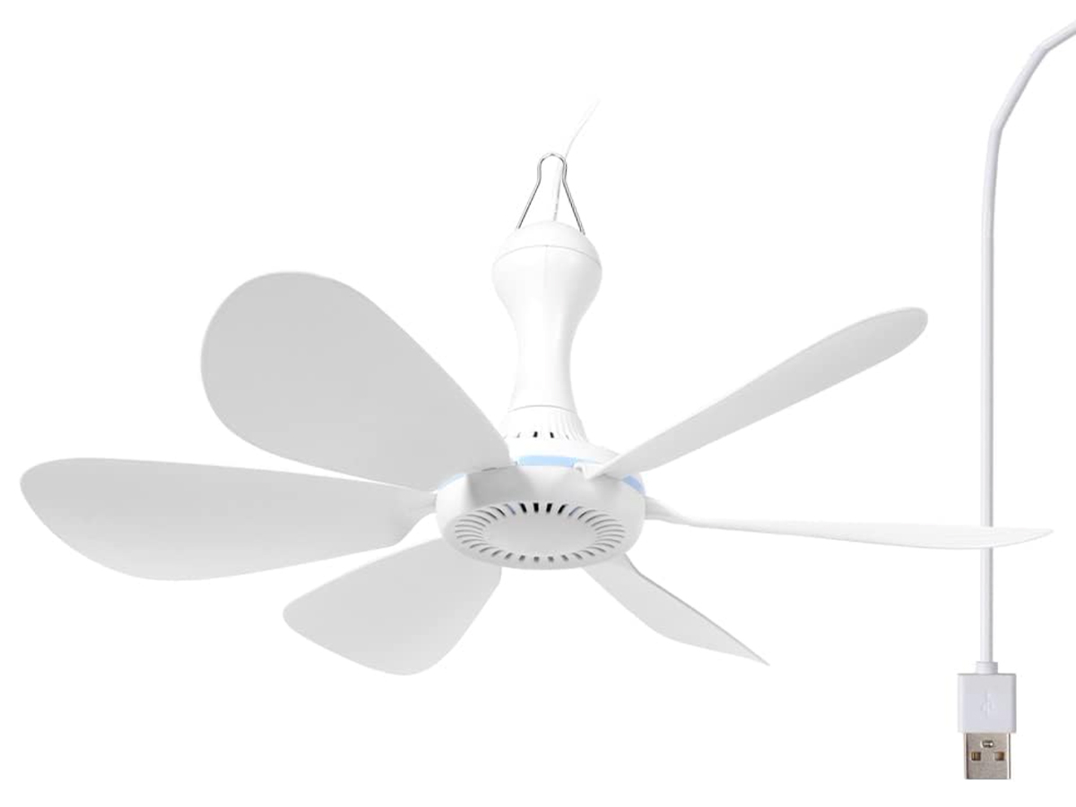 the Mengnessly USB Mini Ceiling Fan and its USB cord in white