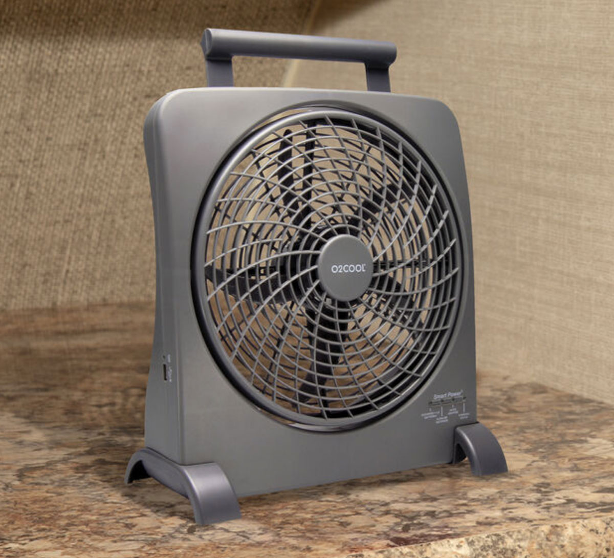 the O2 Cool 10-inch fan on a counter top