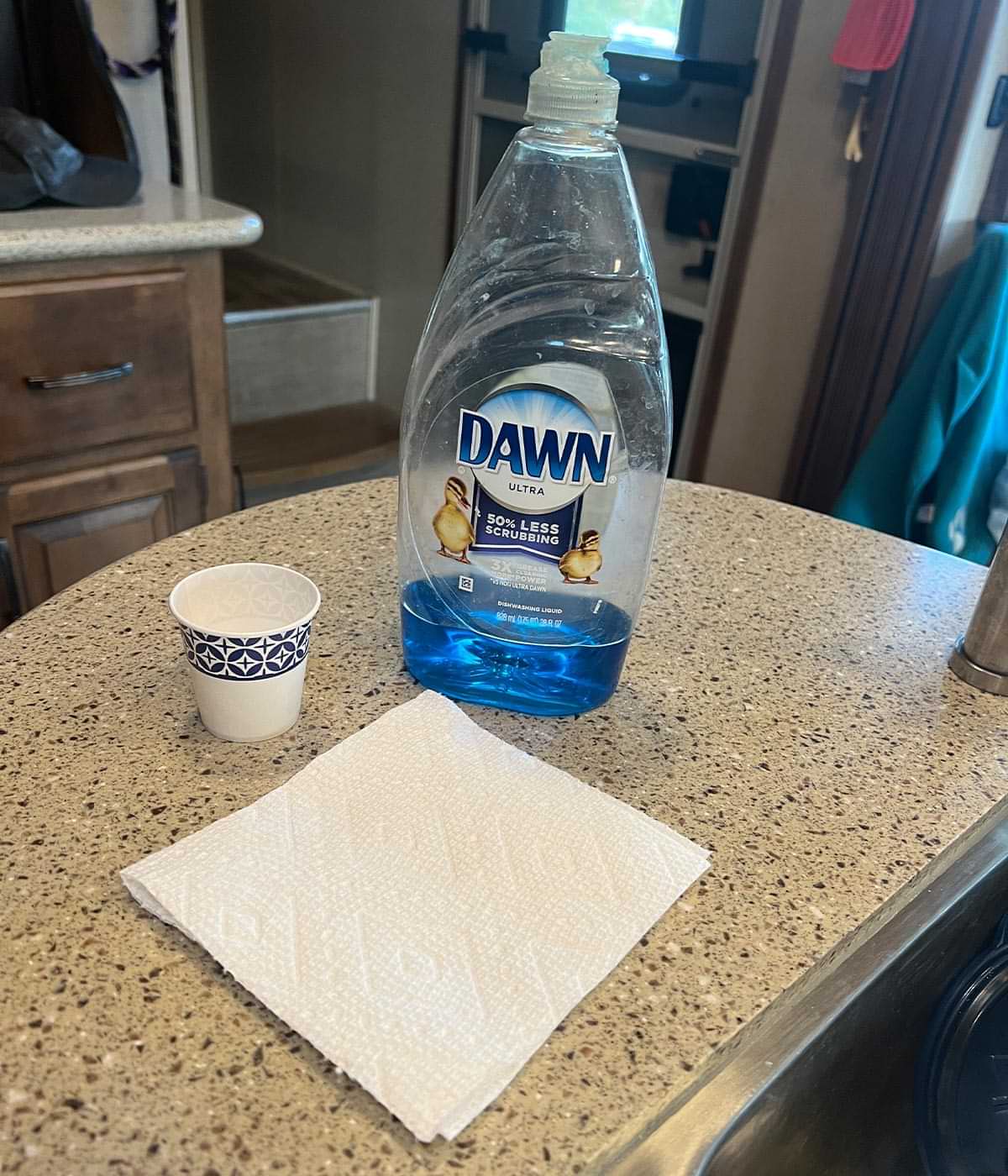 a small dixie cup, a bottle of Dawn Ultra dish-wash soap and a paper towel sit on an RV kitchen counter