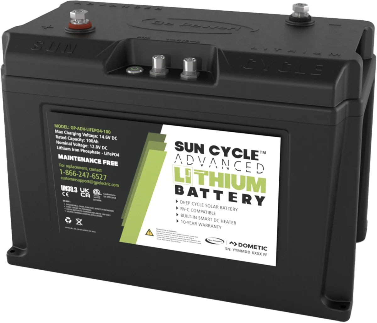 quarter view of a Sun Cycle Advanced 100AH Lithium Battery from Go Power!