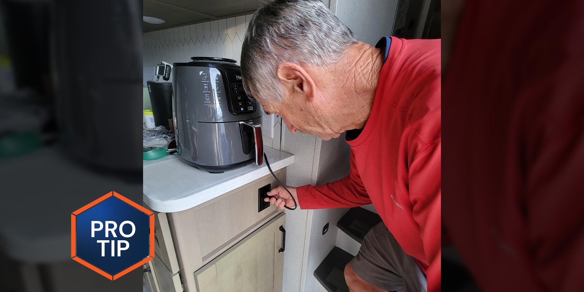 a man plugs an air-fryer into a cabinet outlet in an RV kitchen