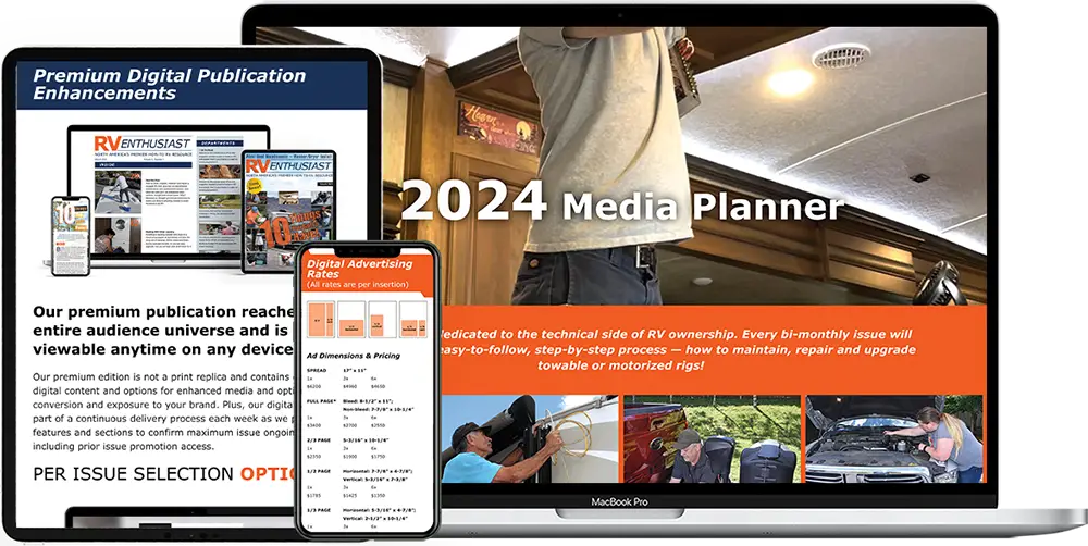 laptop, tablet, and mobile phone looking at the RV Enthusiast 2024 Media Planner