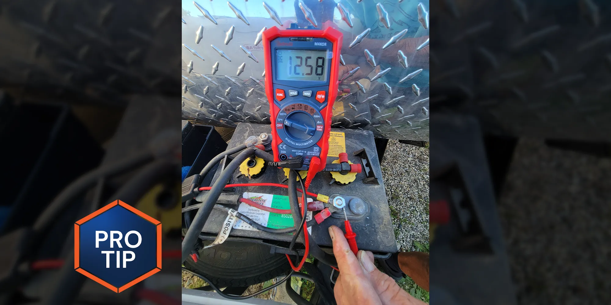 an AstroAI multi-meter tester is used on an trailer battery