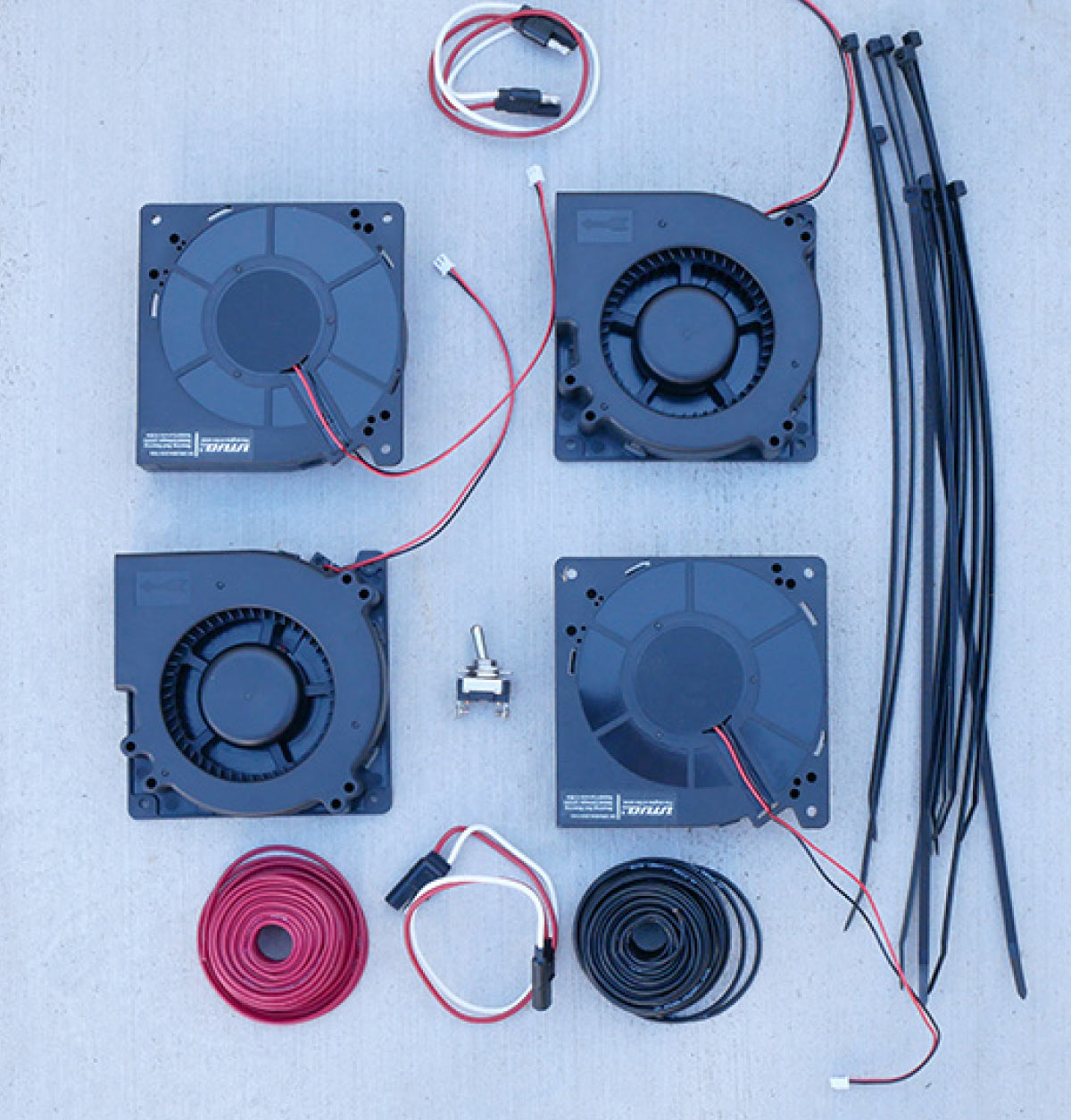blower fans, wire, two-pin connectors and cable ties