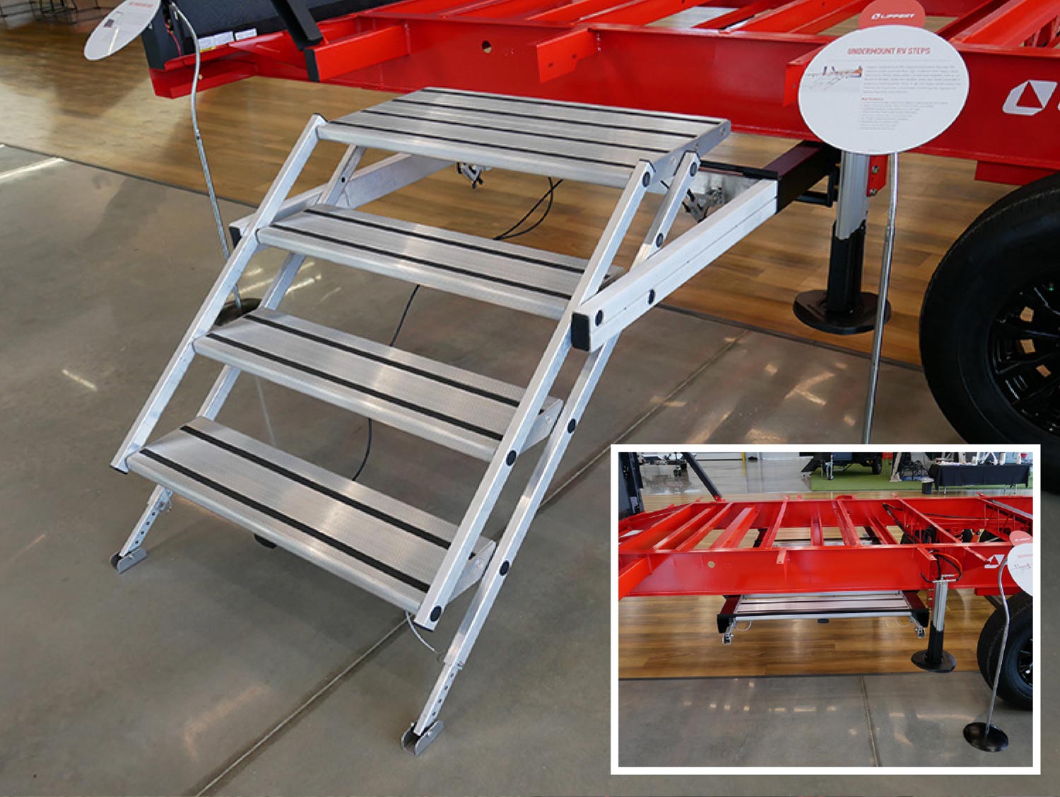 3/4ths view of the Lippert SolidStep attached to a bright red chassis; second smaller image of the Lippert SolidStep folded flat beneath the bright red chassis