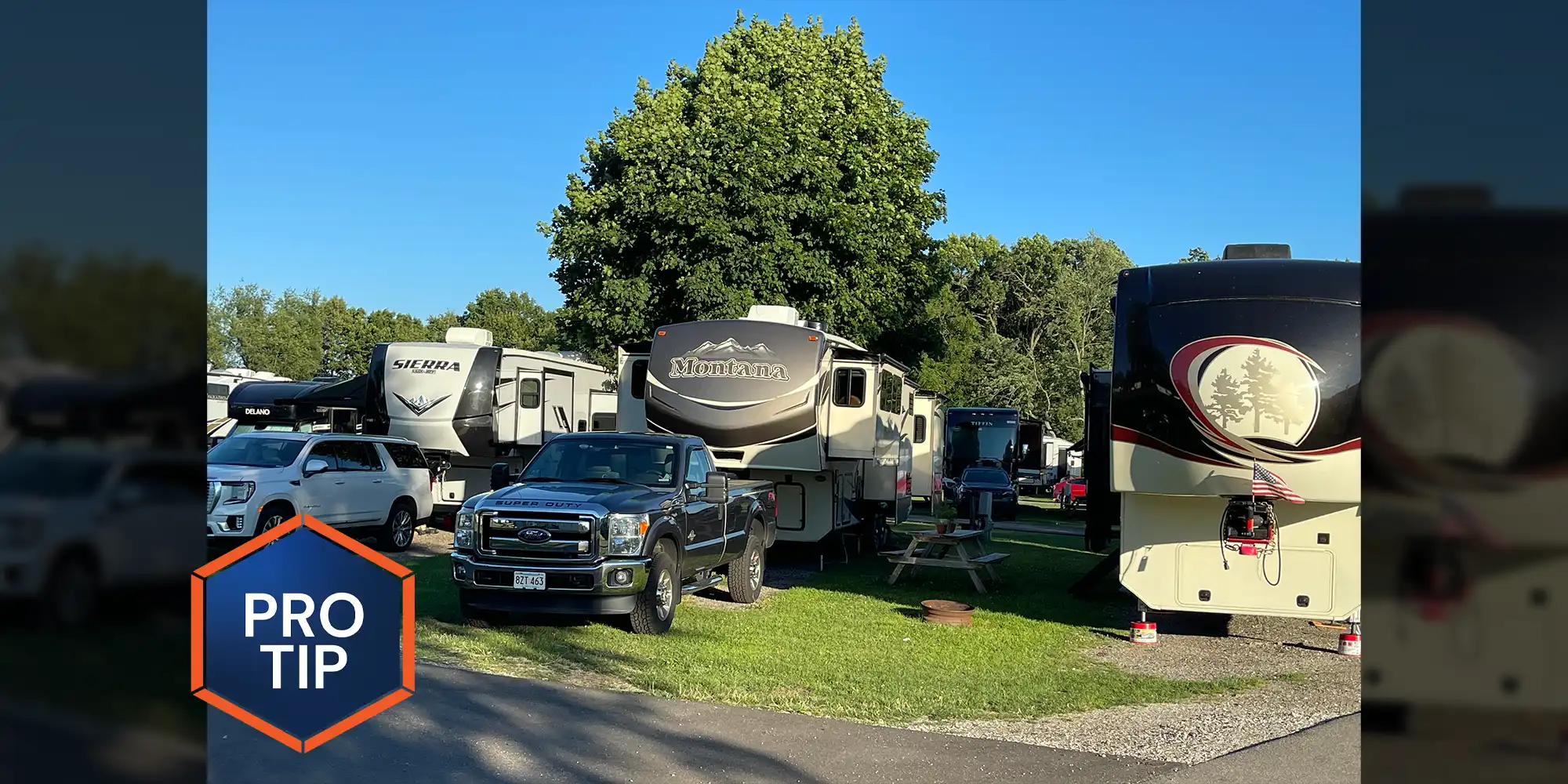 full view of a large grassy, tree-covered area filled with parked RV and trailers
