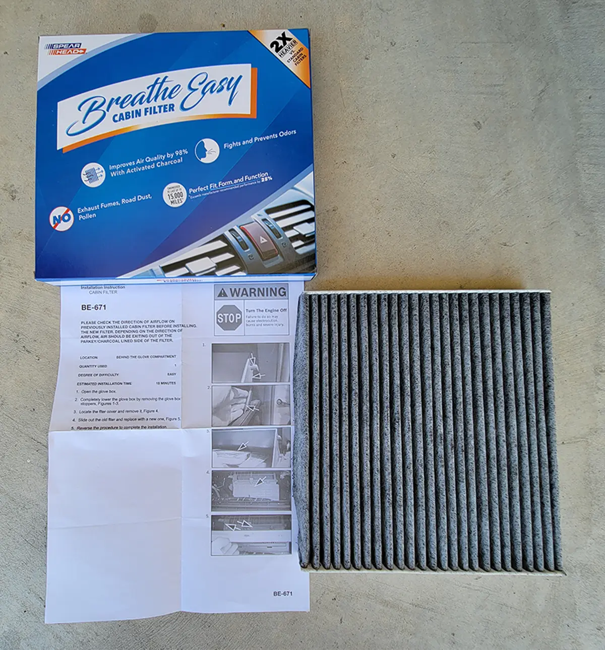 top view of the Breath Easy Cabin Filter package, filter and directions